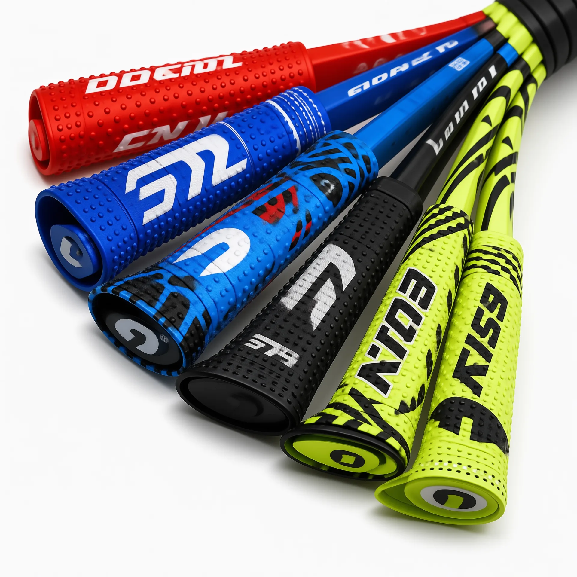 Custom racket grips showing color, logo, pattern and surface finish