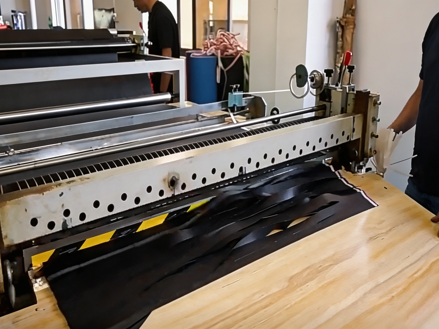 GripCraft production line — operators inspecting finished racket grip rolls